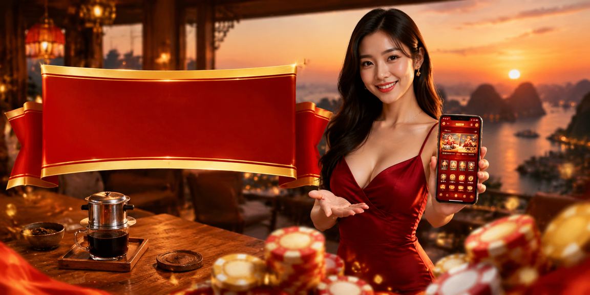 Người dùng thư giãn với cà phê bên vịnh Hạ Long trong khi trải nghiệm casino trên điện thoại