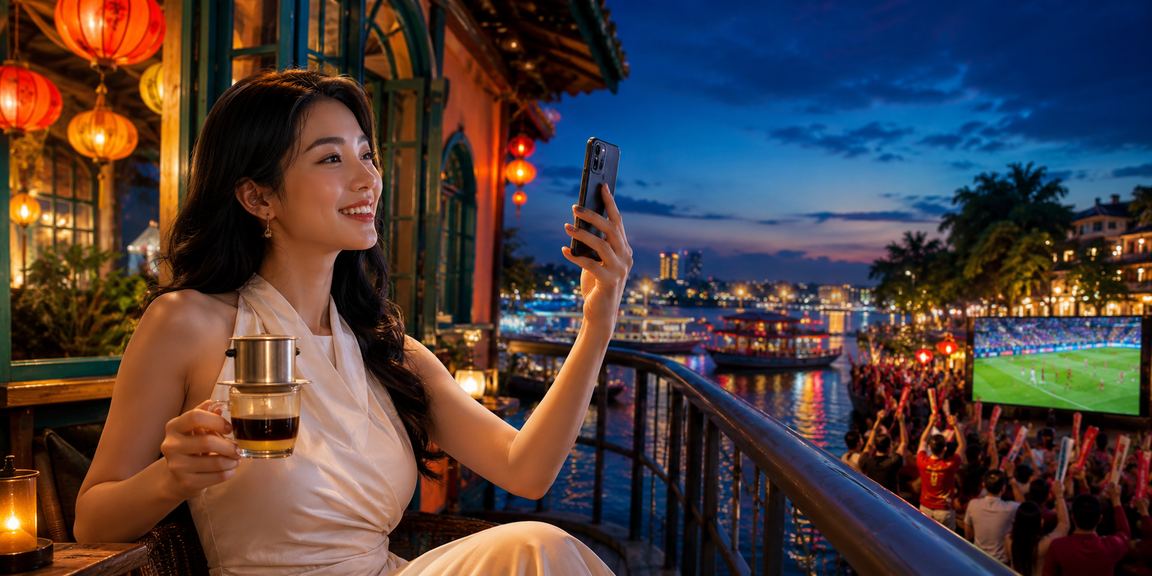 Người chơi dùng điện thoại cá cược casino tại Hà Nội cùng ly cà phê