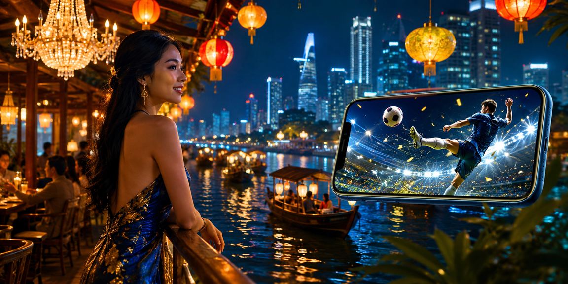 Người dùng thao tác thanh toán casino trên điện thoại tại chợ đêm vùng Mekong